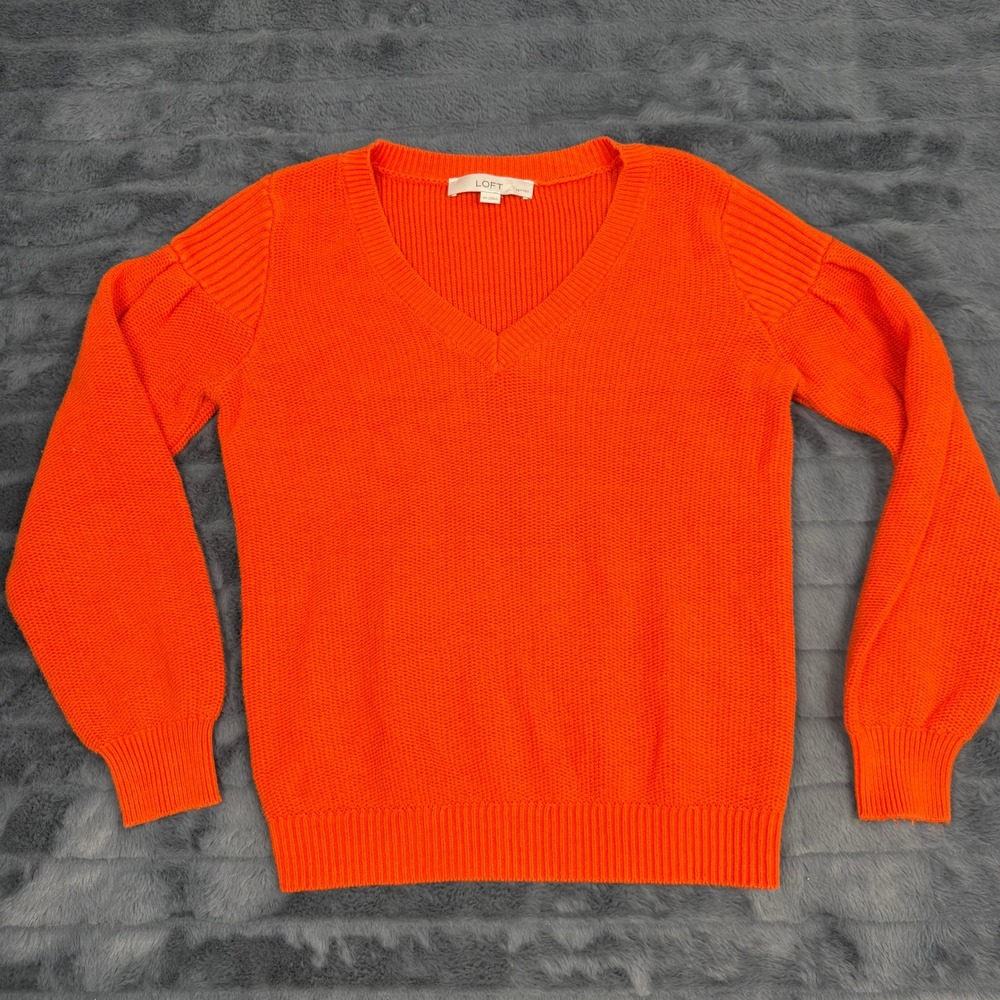 LOFT Petites Orange V-Neck Long Sleeve Ribbed Knit Sweater SP 13178